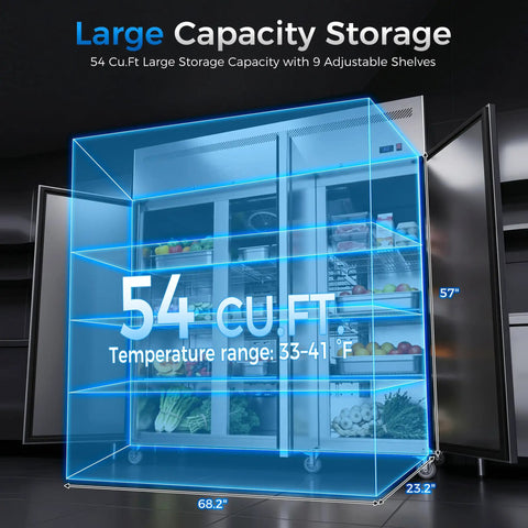 No Hassle 72 Inch Three Door Commercial Refrigerator Stainless Steel Reach In Upright Fridge displaying large 54 cu ft capacity with 9 shelves.