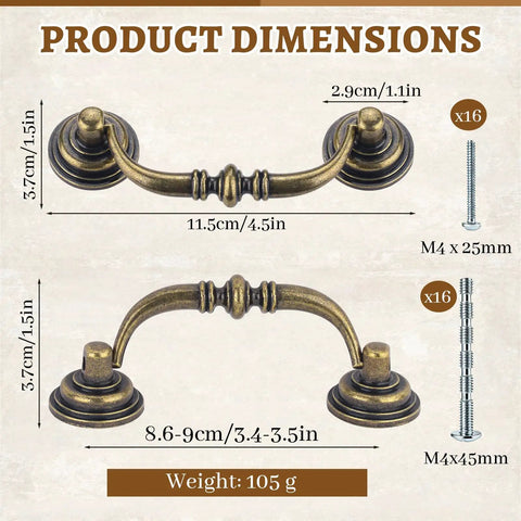 Product dimensions for Old-School Brass Drop Bail Cabinet Pulls Set Of 8, 3.5 Inch Center Hole, shown with M4 screws