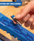 Close-up of adjustable door hinge routing jig with depth guide, showcasing router bit included, ideal for precise mortises.