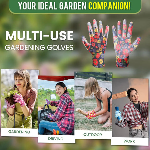 Six Pairs Women Gardening Gloves With Breathable Rubber Coated Grip Thorn Proof And Cut Resistant For Outdoor Work Multi Purpose Garden Gloves In Six Color Options, shown in multipurpose use, floral pattern.