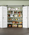 128 By 84 Inch Pre Assembled Bifold Barn Door With Five Lite Bi Fold Sliding Closet Doors And Hardware Kit Included 136 Inch Track Kit For Two Doors Easy To Install Moisture And Warp Resistant Pre Drilled Holes installed pantry view