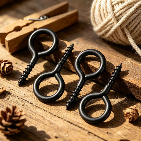 10 Pack Tough As Nails M6 Eye Screws 2.2 Inch Black Heavy Duty Carbon Steel Self Tapping Screw Eye Hooks on wood surface.