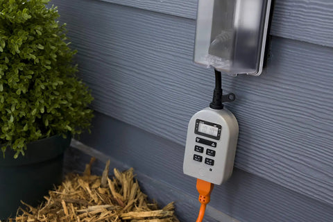 Outdoor Digital Timer Switch With Two On Off Programs, Grounded Single Outlet, Weather Resistant, Heavy Duty For Seasonal Lights And Landscape Lighting, Easy Plug And Play Setup, 1 Pack Gray Battery Backup Included