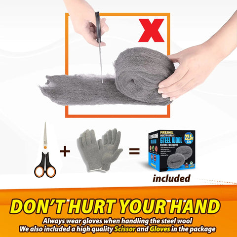 Gap Fill Steel Wool Roll For Mice Control And Rust Cleanup, 3.2 X 22.5 Feet with gloves, scissors, and packaging displayed