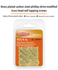Top Shelf Brass Plated Wood Screws For Number 4 X Three Quarters Inch Truss Head Phillips Drive Fasteners in pack of 150.