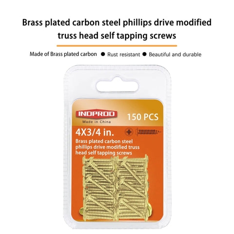 Top Shelf Brass Plated Wood Screws For Number 4 X Three Quarters Inch Truss Head Phillips Drive Fasteners in pack of 150.