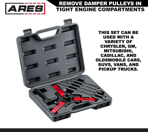 Harmonic Balancer Puller Kit For Cars And Trucks With Adjustable 3-Jaw Design in open case displaying tools