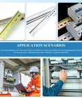 Manual DIN Rail Cutter With Anti Slip Handle And 50cm Ruler used for cutting 35mm steel and aluminum DIN rails shown in application scenarios.
