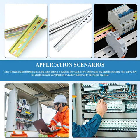 Manual DIN Rail Cutter With Anti Slip Handle And 50cm Ruler used for cutting 35mm steel and aluminum DIN rails shown in application scenarios.