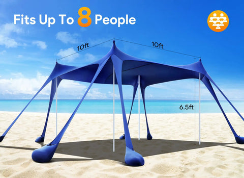 10x10 Ft Beach Tent Sun Shelter UPF50 Plus With 8 Sandbags And 4 Aluminum Poles Windproof Beach Canopy set up on sand