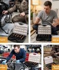 Heavy Duty Metric Flange Nuts And Bolts Assortment Kit With M6 M8 M10 Sizes Grade 10.9 Alloy Steel Black Finish in use for automotive repairs.