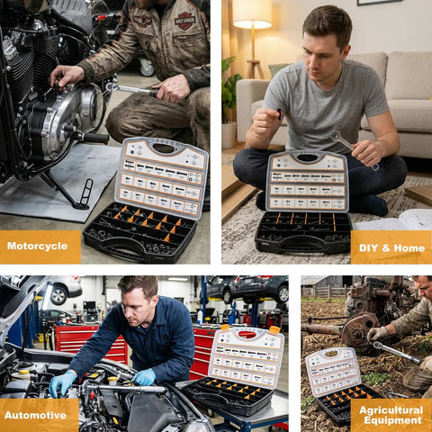 Heavy Duty Metric Flange Nuts And Bolts Assortment Kit With M6 M8 M10 Sizes Grade 10.9 Alloy Steel Black Finish in use for automotive repairs.
