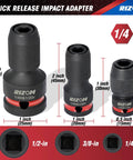 Image showing Three Piece Quick Release Impact Bit Holders Set With One Half Inch, Three Eighths Inch And One Quarter Inch Square Drive To One Quarter Inch Hex Shank Adapters For Impact Wrenches And Ratchets, Fast Quick Change Bit Conversion For Tough Jobs.