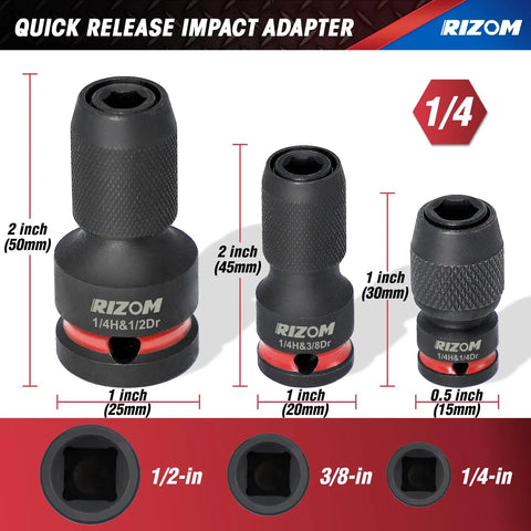 Image showing Three Piece Quick Release Impact Bit Holders Set With One Half Inch, Three Eighths Inch And One Quarter Inch Square Drive To One Quarter Inch Hex Shank Adapters For Impact Wrenches And Ratchets, Fast Quick Change Bit Conversion For Tough Jobs.
