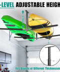Overhead Ceiling Kayak Storage Rack For Garage Holds Two Kayaks Up To 200 Lbs Heavy Duty Universal Fit For Kayaks SUPs Surfboards Canoes And Snowboards With Foam Padding And Rust Resistant Coating, installed with two kayaks