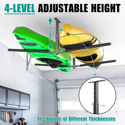 Overhead Ceiling Kayak Storage Rack For Garage Holds Two Kayaks Up To 200 Lbs Heavy Duty Universal Fit For Kayaks SUPs Surfboards Canoes And Snowboards With Foam Padding And Rust Resistant Coating, installed with two kayaks