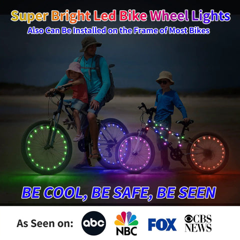 Family riding with Blue LED Bike Wheel Lights for Two Tires, Bright Spoke Lights With Two Modes, waterproof bicycle accessories.