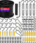 164ft Outdoor String Light Hanging Kit With Heavy Duty Black Vinyl Coated Stainless Steel Wire Rope, Turnbuckles, Hooks And Eye Straps For Patio, Garden, Backyard And Party Decor displayed