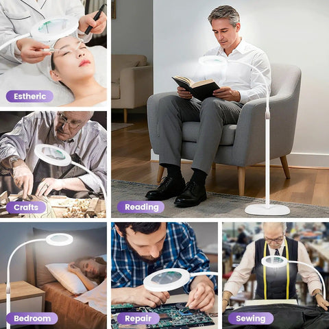 12X Magnifying Glass With Light And Stand For Craft Pros And Esthetician Work 24 Inch Gooseneck Adjustable Swing Arm Magnifier Lamp shown in use for esthetic, crafting, reading, bedroom, repair, and sewing activities.