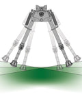 Pivot Bipod 6 to 9 Inch Adjustable Notched Legs Slim Folding Design for Easy Transport illustration of uneven terrain use.