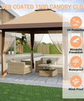 13x13 Pop Up Gazebo With Mosquito Netting, Double Roof Design And Adjustable Height in backyard setting with outdoor furniture