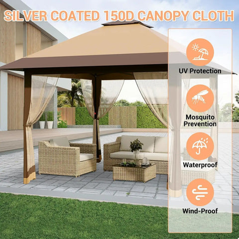 13x13 Pop Up Gazebo With Mosquito Netting, Double Roof Design And Adjustable Height in backyard setting with outdoor furniture