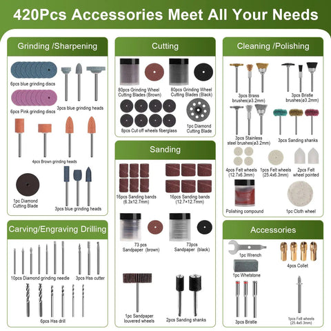 Detailed layout of 420 pieces in Go To Rotary Tool Accessory Kit with grinding, cutting, sanding, and polishing tools.