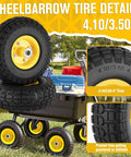 Two Pack 10 Inch Flat Free Solid Rubber Wheel Set For Hand Trucks Wheelbarrows Garden Carts Dollies And Utility Carts 4.10 3.50 4 Tire Axle Bore Five Eighth Inch Hub Offset Two Point Two Inch 220 Pound Dynamic Load showcasing cart usage and tread details.