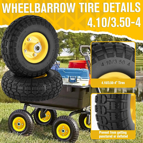 Two Pack 10 Inch Flat Free Solid Rubber Wheel Set For Hand Trucks Wheelbarrows Garden Carts Dollies And Utility Carts 4.10 3.50 4 Tire Axle Bore Five Eighth Inch Hub Offset Two Point Two Inch 220 Pound Dynamic Load showcasing cart usage and tread details.
