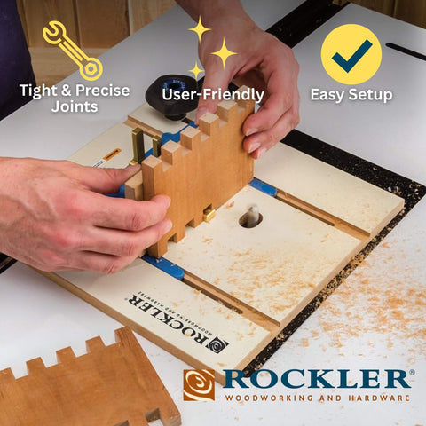 Box Joint Router Jig With Finger Joint Indexing Keys In Three Widths 1/4, 3/8 And 1/2 Inches for DIYers on a router table in use