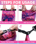 Waterproof Dry Bag 5L Roll Top Backpack For Kayaking Boating Camping And Beach Trips Ultra Lightweight Durable Gear Bag With Adjustable Strap Puncture Resistant Purple Camo usage steps