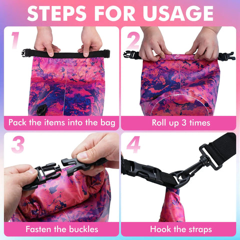 Waterproof Dry Bag 5L Roll Top Backpack For Kayaking Boating Camping And Beach Trips Ultra Lightweight Durable Gear Bag With Adjustable Strap Puncture Resistant Purple Camo usage steps