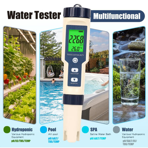 Slick Digital 5 In 1 Pool Water Tester Drops Crisp Ph Salt Tds Ec And Temp Readings In Seconds for pools and spas.