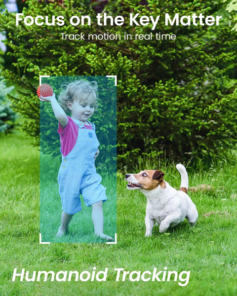 Child playing with a dog in a garden, illustrating humanoid tracking feature of a security camera.