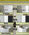 Comparative images showing home appliance issues like scratches, rust, and peeling, fixed by All In One Appliance Touch Up Paint Pen.