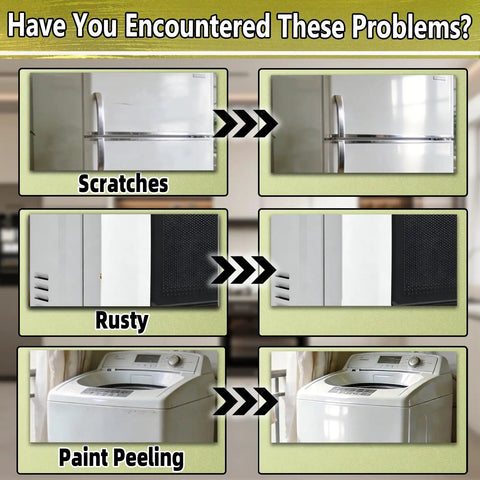 Comparative images showing home appliance issues like scratches, rust, and peeling, fixed by All In One Appliance Touch Up Paint Pen.