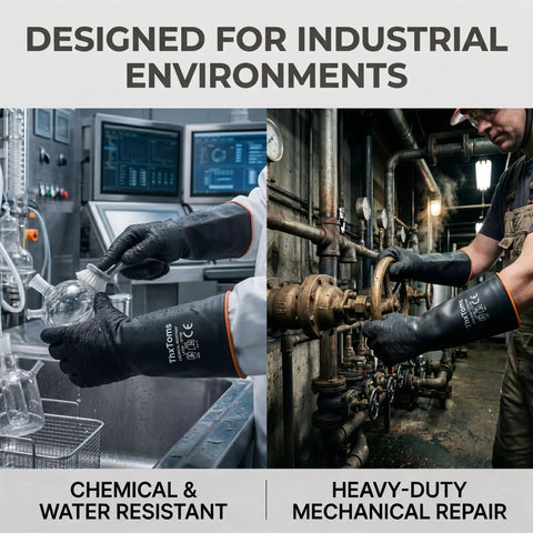Top Shelf Heavy Duty Rubber Work Gloves With Super Grippy Anti Slip Palms And Hella Thick Durable Natural Latex Hand Armor for industrial cleaning.