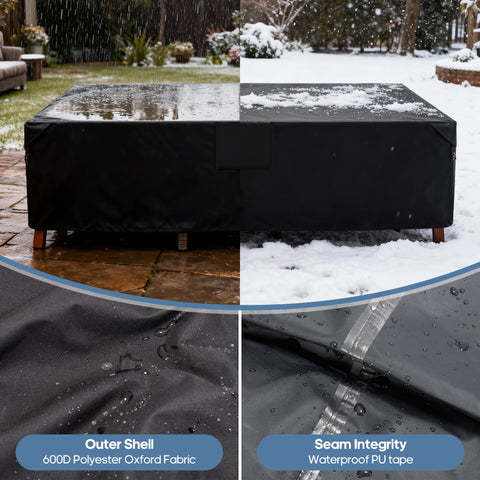 Heavy Duty Outdoor Furniture Cover for Rectangular Patio Table and Chairs, 600D UV Resistant and Waterproof, seams and material details