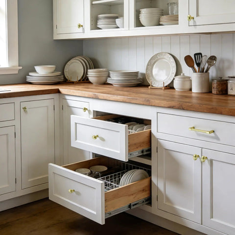Kitchen with white cabinets and open drawers showcasing 10 Pack Classic Solid Cabinet Handles 6.3 Inch 160mm Screw Spacing Brushed Gold Dope Furniture Hardware Pulls For Bathroom Dresser Kitchen Cabinets Bedroom