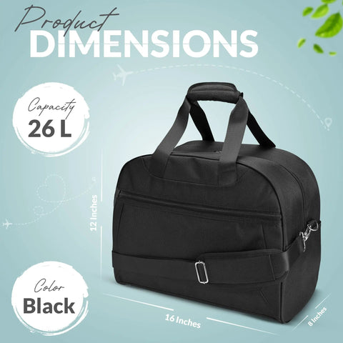 Underseat Personal Item Carry On Bag For Airlines, 26L, black, 1680 Denier Ballistic Nylon, with dimensions marked, on teal background
