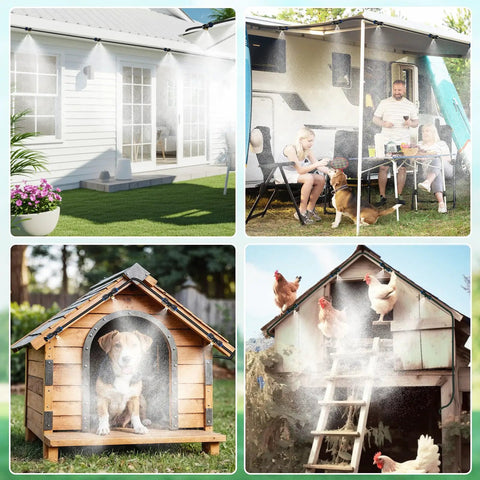 Outdoor Misting System With 26 Foot Hose, 7 Brass Nozzles, Three Quarter Inch Brass Adapter And Programmable Water Timer cooling patios, RV, dog house, and chicken coop.