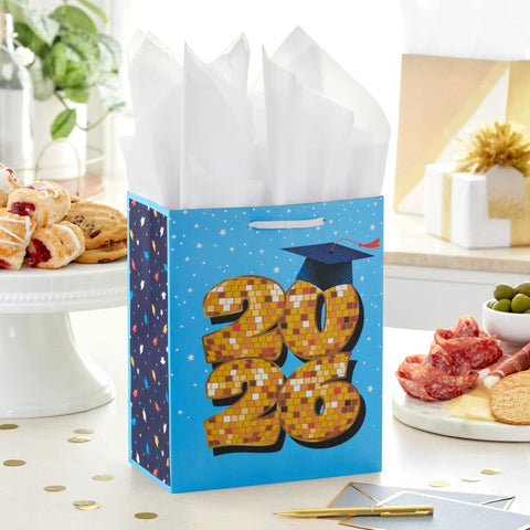Medium Year Dated Graduation Gift Bag With Tissue Paper Blue Gift Bag Featuring Class of 2026 With Gold Disco Ball And Stars 9 Inch Size For High School College And University
