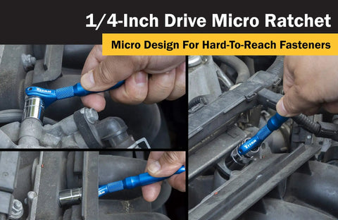 Quarter Inch Drive Swivel Head Micro Ratchet With Ninety Tooth Reversible Mechanism Four Inch Handle Chrome Vanadium Head Anodized Aluminum Handle Built For Tight Spots Blue in use on automotive engine