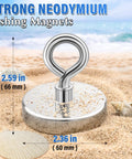 Front view of chrome neodymium fishing magnet with integrated loop ring on a metal disk base; 60 mm diameter, 66 mm tall