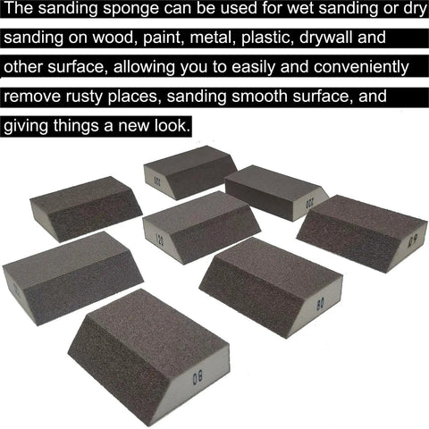 Eight Pack Sanding Sponge Kit With 60 80 120 220 Grits Coarse To Fine Washable And Reusable Blocks displayed on white background