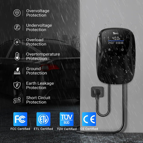 Level 2 Electric Vehicle Charger J1772 40 Amp 240 Volt Home Evse With Nema 14 50 Plug 25 Ft Cable ETL Certified mounted on wall with features.