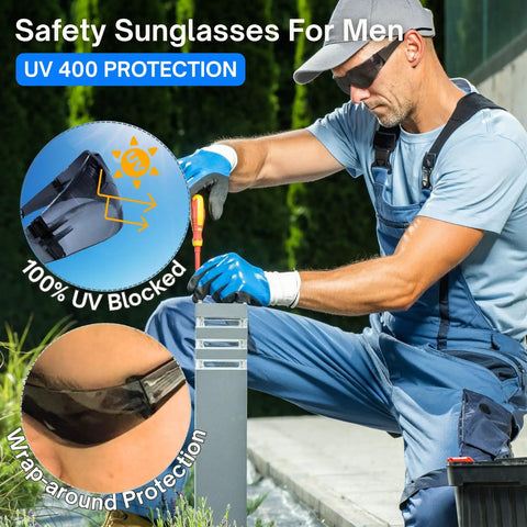 Legit Heavy Duty Smoke Tinted Safety Glasses 12 Pack With 12 Noise Blocking Silicone Ear Plugs NRR 25dB ANSI Z87 Rated For Shooters And Tradesmen Built Like A Tank For The Daily Grind No BS worn by a worker using a screwdriver.