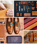 Collage of leather crafting projects including shoe, bag, belt, and glove, showing detailed leather stitching and accessories.