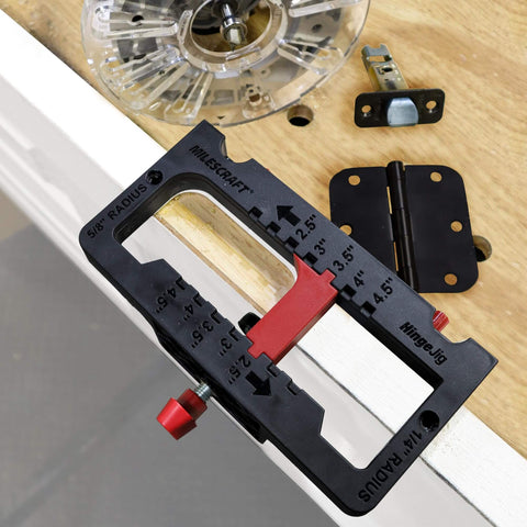 Self Clamping Door Hinge Jig With Pro Grade Adjustments And Latch Templates on door, includes mortise bits, hinge, and latch.