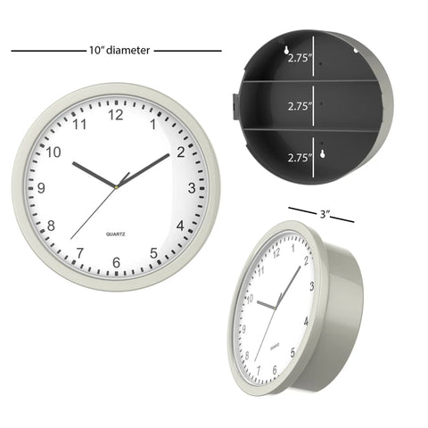 10 Inch Wall Clock Safe With Hidden Shelf Storage showing dimensions and shelves, battery operated analog timepiece
